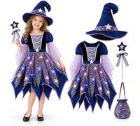 Witch Costume Kids, Light Up Halloween Dress for Girls Ages 4-15 | Complete Halloween Witch Look with Magic Wand, Hat, Pumpkin Bag for Trick-or-treating