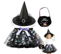 Witch Costume Set, Halloween Outfit Accessories Set Fancy Dress Up with Witch's Hat, Tutu Dress, Candy Bag Halloween Costume Decoration Cosplay Outfit Accessories for Carnival, Cosplay (Black)