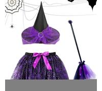 Witch Costume Set, Kid Witch Costume Accessories Set With Broom And Skirt, Adjustable Halloween Cosplay Supplies for Kids Child Teenager Girl Boy