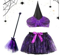 Witch Costume Set - Witch Cosplay Costume Accessories With Broom And Skirt for Kid | Adjustable Halloween Cosplay Supplies for Kids Child Teenager Girl Boy