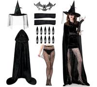 Witch Costume Set, Witches Costumes for Women, Witches Costume Accessories Include Witch Hat, Spider Web Gloves, Cape, Nail, Fishnet Stockings, Costumes Adult Women for Halloween Masquerade