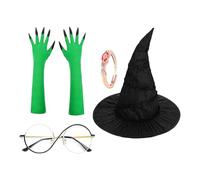 Witch Costume - Witch Hat with Green Claw Gloves, Hat Glasses Green Claw Gloves, Complete Dress Up Kit, Lightweight Material, Halloween, Carnival, Festival, Cosplay, Masquerade Party Them