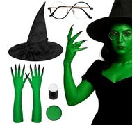 Witch Costume Women, Carnival Costume, 5 PCS Witch Costumes Set Wizard Hat, Green Facepaint, Sponge Stick, Glasses and Gloves, World Book Day Costumes for Halloween Christmas Carnival Party for Adult