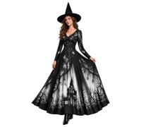 Witch Costume Women Halloween Gothic Lace Dress Branch Print Floor Length Dresses V-Neck Long Sleeve A-Line Vampire Evening Gown for Fancy dress Party Events Cosplay