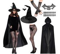 Witch Costume Women, Witch Costume Complete Set, Witch Hat Women, Witch Cape, Witch Eye Mask Made of Lace, Press on Nails, Net Stockings, Halloween Costume Women's Witch, for Halloween Costume Party