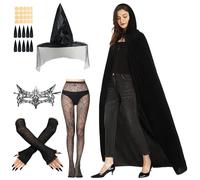 Witch Costumes for Women, Deluxe Devil Cape Outfit Set Black Velvet Cape Long Black Gloves Eye Mask Witch Hat Spider Web Pantyhose Nail Stickers Halloween Outfits Women for Halloween Cosplay