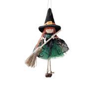 Witch Doll -Hanging Decor with Angel Wings, Bells,Broomstic-Design for Doors, Windows, Branches-Foldable Structure for Easy Storage (Green)