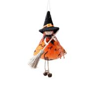 Witch Doll -Hanging Decor with Angel Wings, Bells,Broomstic-Design for Doors, Windows, Branches-Foldable Structure for Easy Storage (Orange)