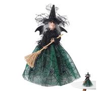 Witch Dolls with Broom, Creepy Halloween Tree Topper - Halloween Ghost Festival Witch Doll Tree Topper, Halloween Ghost Festival Witch Doll Tree Topper with Spider Web Skirt and Flying Broom for Trees