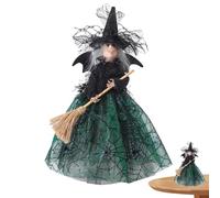 Witch Dolls with Broom Witch Doll Halloween Witch Ornament Halloween Ghost Festival Witch Doll Tree Top with Spider Web Skirt and Flying Broom for Trees Tabletop Holiday Party Home Decor