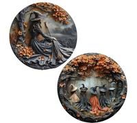 Witch Door Plate, Witch Doorplate, Witching Hour Door Wreath, 2d Wooden Round Witches Sign,Halloween Decorated Doorplate,for Yard Doors Balcony Decor (A+C)