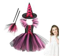 Witch Dress for Kids Fantasy Halloween Outfit with Broom Hat