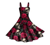 Witch Dress for Women Halloween Skeleton Fall Dresses 2025 Sleeveless Square Neck Trendy Horror Adjustable Strap Festive Midi Spring Cocktail Party Loose Bloody Dress, Brick Red, 3XL