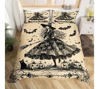 Witch Duvet Cover Set Bats Halloween Decoration Gothic King Bedding Sets, Black Witch Hat Comforter Cover Spooky Cat Dark Shadows Pumpkin Lantern Bed Sets