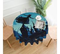 Witch Flies Over The Castle Printed Round Tablecloth,Dust-Proof Wrinkle Resistant Table Cover Washable Polyester Table Cloth For Kitchen Dining Room Farmhouse Picnic Indoor Outdoor(Round 60 Inch)