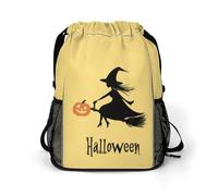 Witch Flying Halloween Holiday Trendy Drawstring Backpack with Shoes Compartment Gym Bag Beach Cinch for Women Men