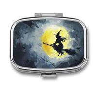 Witch Flying on Broomstick Moonlight Pill Box 2 Compartment Portable Medicine Pill Case Travel Pill Organizer for Pocket Purse
