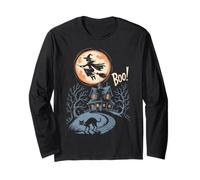 Witch Flying Over Haunted Spooky House Boo Halloween Long Sleeve T-Shirt