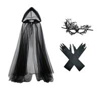 Witch Ghost Bride Costume Black Hooded Cloak Long Veil Gloves Halloween Set