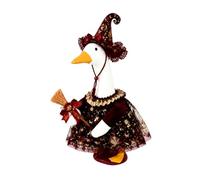 Witch Goose Pet Costume with Printed Dress, Pointed Hat and Broom | A goose-shaped figure wears a dark printed dress and pointed witch hat, with a small broom accessory adding to the season