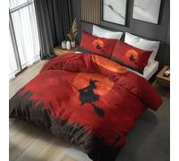 Witch Halloween Double Bed Duvet Cover Set 3 Piece with 2 Pillowcases, Magic Cityscape Moon Black Red Patterned Bedroom Decor Bedding, Soft Microfibre Quilt Cover with Zip SL#72