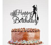 Witch Happy Birthday Cake Topper, Halloween Birthday Cake Decorations for Girl, Spooky Haunted Spider Bday Party Decor Black Glitter