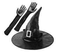 Witch Hat - Black Pointed Cap, Foldable Faux Leather Finish | Costume Hat With Long Gloves, Lightweight Accessory For Halloween Cosplay Masquerade And For Teens Girls Women