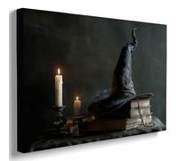 Witch Hat Candle and Books Wall Art, Gothic Still Life Print, Dark Academia Witchcore Decor for Bedroom or Reading Nook 11x14in Wood Frame