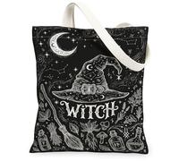 Witch Hat Canvas Tote Bag, Fanciful Mystical Moon Broomstick Halloween Black Grocery Bag 13x15 Inch, Black, 13x15 Inch