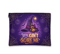 Witch Hat Canvas with Zipper, Fanciful Festive Spiders Bats Halloween Violet Canvas with Zipper Small Makeup Pouch for Travel, Vanity, Bathroom, Purse Storage and Daily Use, Purple, 7x9 Inch