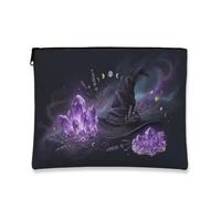 Witch Hat Canvas with Zipper, Mystical Fantasy Crystals Lavender Halloween Violet Portable with Zipper Makeup Bag for Purse for Travel, Vanity, Bathroom, Purse Storage and Daily Use, Purple, 7x9 Inch