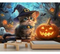 Witch Hat Cat Mural Cute Halloween Kitten Wall Mural Spooky Forest Wallpaper Cute Spooky Pumpkin Murals Cartoon Halloween Cat Wallpaper for Living Room Bedroom 150 x 100 cm