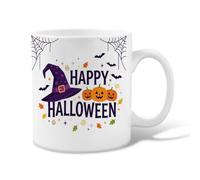 Witch Hat Ceramic Coffee Mug, Fanciful Festive Pumpkins Bats Halloween Violet Novelty Hot Chocolate Mug with Handle Ideal for Friends Family Co-worker Lovers Eldership Senior 11 Oz