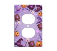 Witch Hat Duplex Outlet Covers Wall Plate, Fanciful Festive Pumpkins Spell Book Halloween Violet Standard Size Decorative Receptacle Outlet Covers for Home Living Room New Apartment Decor