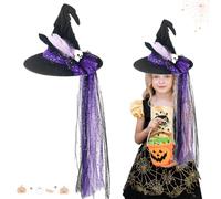 Witch Hat for Kids Witches Hat, Girls Purple Witch Costume Accessories, Wizard Hat with Feathers and Sequin Veil, Halloween Costume Fancy Dress Accessories Halloween Dress Up for Childrens A9ETNWM