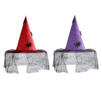 Witch Hat for Women, Spider Steeple Lace Veils Hanging Wizard Hat for Halloween Party Cosplay Costume Accessories,2pcs (Red + Purple)