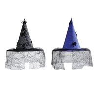 Witch Hat for Women, Spider Steeple Lace Veils Hanging Wizard Hat for Halloween Party Cosplay Costume Accessories,2pcs (Black + Blue)
