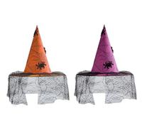Witch Hat for Women, Spider Steeple Lace Veils Hanging Wizard Hat for Halloween Party Cosplay Costume Accessories,2pcs (Orange + rose)