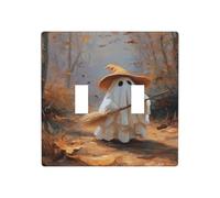 Witch Hat Ghost Broom in Woods Double Gang Toggle Light Cover Wall Plate Switch Decor Standard Size - 11.4x11.4cm