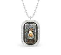 Witch Hat Ghost Pumpkin Stained Glass Rectangle Pendant Necklace Silver Women Jewelry Alloy Keychain Tag Jewelry