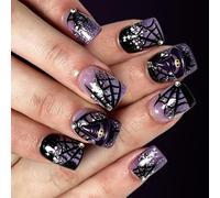 Witch Hat Halloween Manicure Tips Short Square 24 Piece Wearable Set with Web Artwork, Black Plum Gloss, Multi Size Layout, and Glitter Accent Halloween Manicure Tips Short Square Set Web Artwork Hat