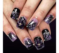 Witch Hat Halloween Manicure Tips Short Square 24 Piece Wearable Set with Web Artwork, Black Plum Gloss, Multi Size Layout, and Glitter Accent Halloween Manicure Tips Short Square Set Web Artwork Hat