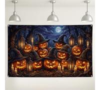 Witch Hat Jack-o-Lanterns Lantern Halloween Backdrop Banner 71x43 Inch | Witch Hats, Photo Backdrop, Glowing Lanterns, Full Moon, Forest, Seasonal Wall Art