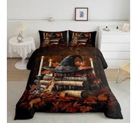 Witch Hat Kids Comforter Set Queen Size,Maple Leaf Autumn Happy Halloween Fall Bedding Set,Girls Boys Room Decor,Book Magical Trippy Gothic Quilt Comforter,Orange Retro Duvet Insert,2 Pillowcases
