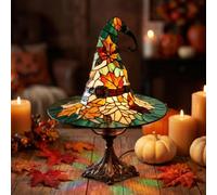 Witch Hat Lamp Halloween Stained Glass Gothic Resin Night Light, Handcrafted Retro Accent Lamp for Bedroom Living Room Home Office Bookshelf Mantel Decor, USB Powered (A(15 * 11.5cm))