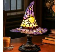 Witch Hat Lamp | Resin Stained Gothic Wiza rd Hat Table Lamp with Sun and Star Details, USB Powered, Halloween Decor for Bedroom & Bookshelf
