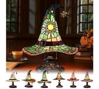 Witch Hat Lamp Stained Glass Resin Wizard Hat Light,Handcrafted Gothic Table Lamp,Spooky Standing Lights Haunted Wiccan Gifts Mystical Decor,Home Halloween Bedroom Figurine Decoration (Green)