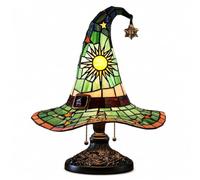 Witch Hat Lamp with Stained Glass Effect for Halloween Decor | Resin Body, USB LED Glow, Sun Moon Star Design for Gothic Bedroom Accent Lighting