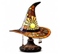 Witch Hat Lamp with Stained Glass Effect for Halloween Decor | Resin Body, USB LED Glow, Sun Moon Star Design for Gothic Bedroom Accent Lighting