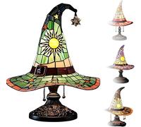 Witch Hat Lamps, Handmade Gothic Wizard Hat Shape Lights, Stained Glass Witch Hat Lights, Unique Vintage Lamp, for Bedroom Party of Halloween Decor (Green)